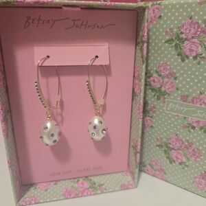 Betsey Johnson Faux Pearl Rhinestone Embellished Dangle Drop Earrings